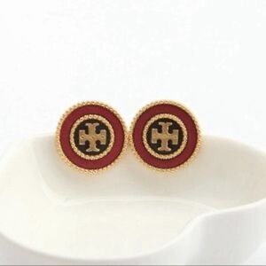 New Tory Burch Gold Logo, Black & Red Enamel Round Stud Earrings